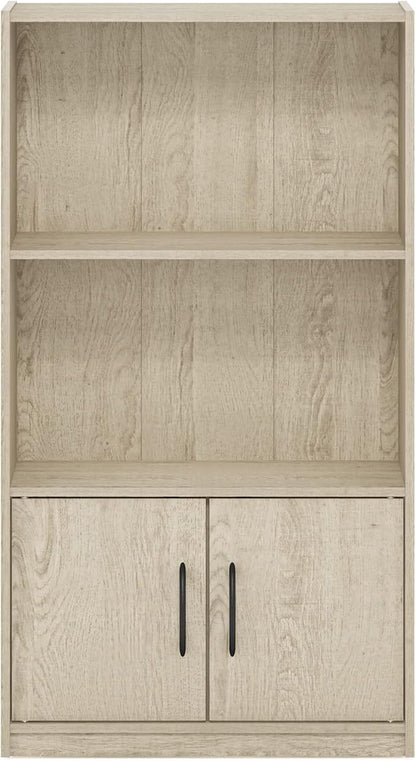 Furinno Gruen 3-Tier Open Shelf Bookcase with 2 Doors Storage Cabinet, Metropolitan Pine