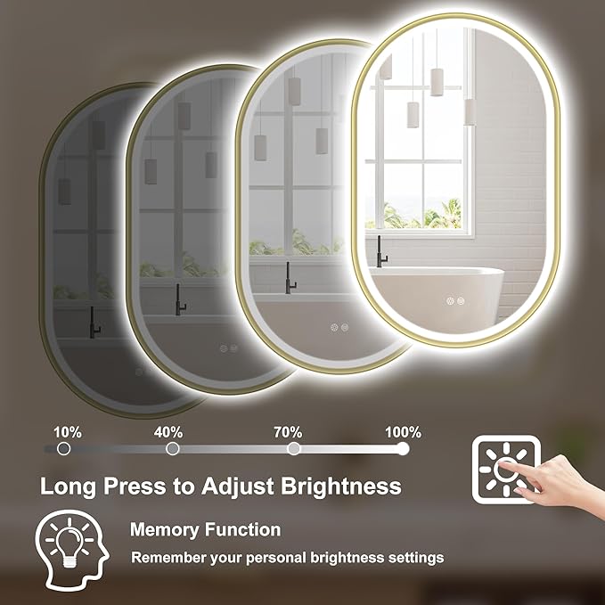 S'bagno Oval-Led-Bathroom-Mirror with Golden Frame Dimmable Brightness, Lghted-Bathroom-Mirror with Defogger, Touch-Buttons, Lights Color Changing, Vertical and Horizontal