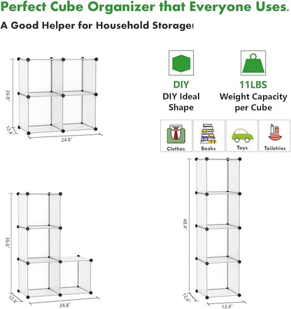 C&AHOME Cube Storage Organizer, 4-Cube Shelving Units, DIY Closet Storage, Modular Book Shelf, Ideal for Bedroom, Living Room, Office, 24.8" L x 12.4" W x 24.8" H Translucent White SBTM3004A