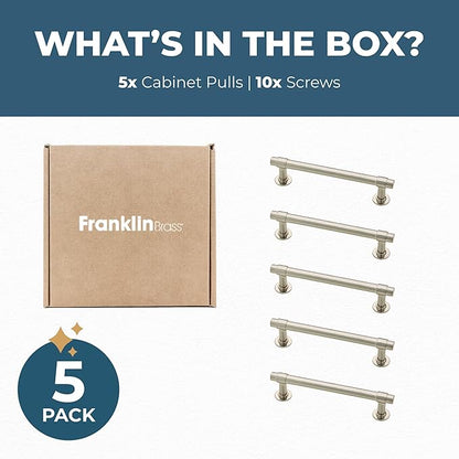 Franklin Brass - Francisco Satin Nickel Cabinet Handles 4 Inch (4") Hole Center Pulls | Easy Install, Durable Hardware for Kitchen Cabinet Door, Drawers, Dresser Pull, Furniture (5 Pack)