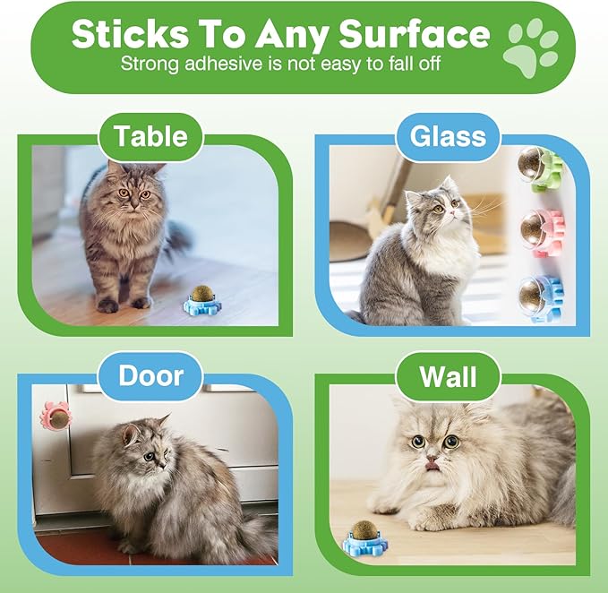 4 Pack Catnip Balls Roller Wall Ball for Cats Spinning Catnip Station Licking Balls Organic Cat nip Chew Ball for Teeth Cleaning & Play-Mewly Pet