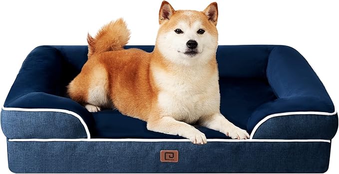 EHEYCIGA Orthopedic Dog Beds for Large Dogs, Waterproof Memory Foam Large Dog Bed with Sides, Non-Slip Bottom and Egg-Crate Foam Pet Couch Bed with Washable Removable Cover, Navy-Mewly Pet