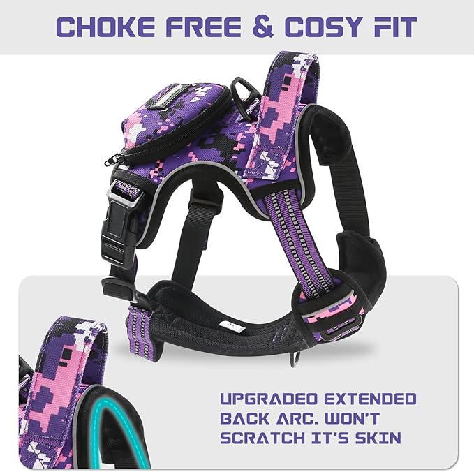 No Pull Dog Harness for Large Dogs, Adjustable No Choke Pet Vest with Dog Leash Fit Smart Reflective Pet Walking Harness for Training Easy Control Soft Handle Purple Camo XL-Mewly Pet