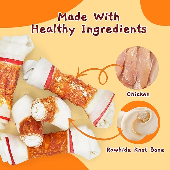 Jungle Calling Chicken Wrap Knotted Bones Dog Chews, Long Lasting Beefhide Treats Real Rawhide Bones for Large Dogs Edible Training Treats-Mewly Pet
