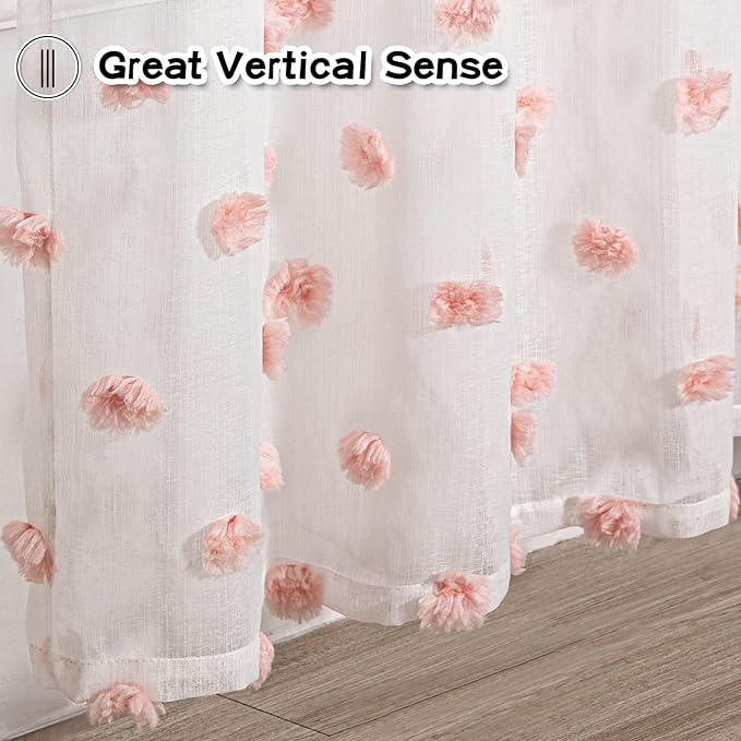 MYSKY HOME Large Pom Pom Curtains - 108 Inch Length, 2 Sets Semi Sheer Boho Curtains for Living Room, Dining Room, Baby Pink, Rod Pocket Backdrop Window Drapes, 37 x 108 inch