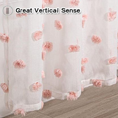 MYSKY HOME Small Window Curtains for Bathroom Kitchen 45 Inches Long Pink Pom Pom White Sheer Curtains Nursery Bedroom Girls Kids Room Rod Pocket 2 Panels Boho Cafe Window Drapes Blush 52" x 45"