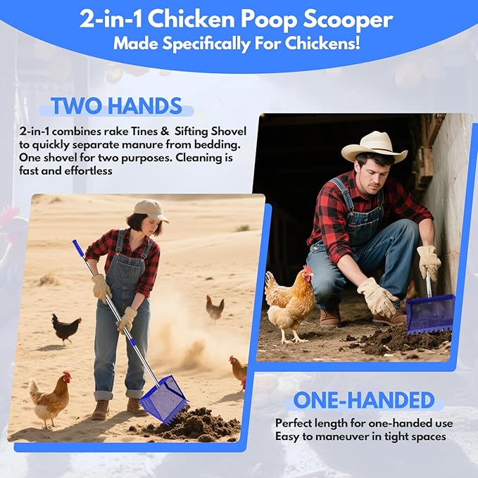Chicken Poop Scooper & Rake 2-in-1, 304 Stainless Steel Shovel Head, Chicken Litter Scoop with Handle for Chicken Coop & Pet Waste Cleaning, Litter Sifting Shovel (35 to 65") US Patent Pending-Mewly Pet