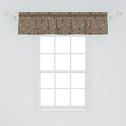 Ambesonne Dog Lover Window Valance Pack of 2, Repetitive Pattern of Pet Heads Paw Prints and Bones, Rod Pocket Curtain Valances for Kitchen Bedroom, 42" X 12", Taupe