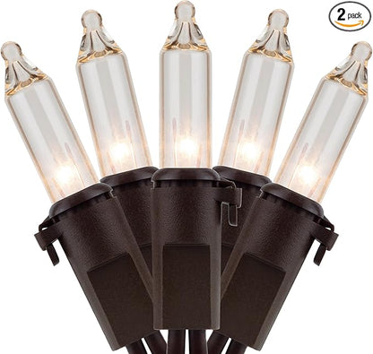 YULETIME Clear Christmas Lights with Brown Wire, 66 Feet 200 Count UL Certified String Lights, Pack of 2 Sets 33 Ft 100 Count Incandescent Mini Light Set (Clear)