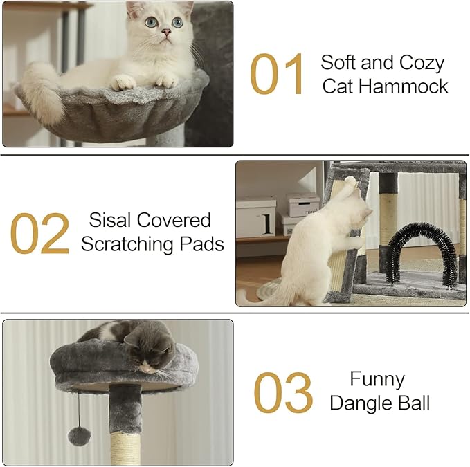 HOOPET 44IN Cat Tree for Indoor Cats - Multi-Level Cat Tower with Hammock, Condo, Scratching Posts, Self-Grooming Brush & Play Ball - Space-Saving Cat Furniture for Small Apartments-Mewly Pet