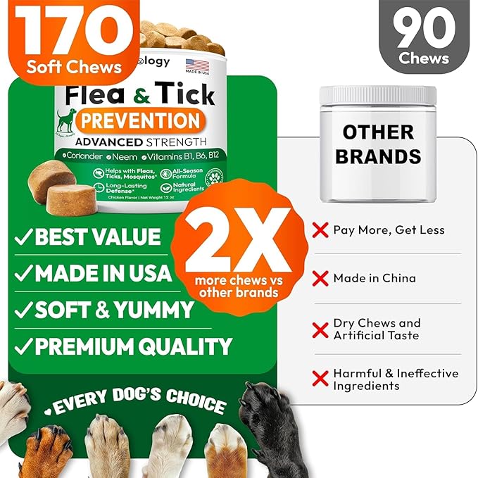 (2 Pack) Flea and Tick Prevention for Dogs Pills - 340 Chews - Natural Dog Flea & Tick Control - Oral Defense Treatment for Dogs Supplement - Vet Formulated - All Breeds & Ages - Made in USA-Mewly Pet