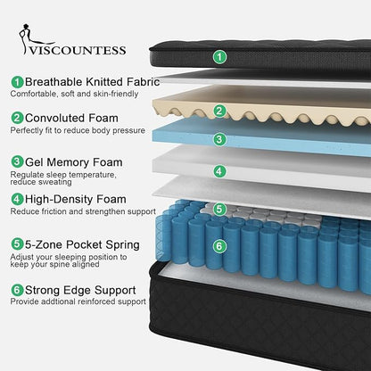 Queen Mattress, 14 Inch Mattresses Medium Firm Hybrid for Back & Lumbar Support, 100 Night Trial, Individual Pocket Spring Bed for Motion Isolation & Pressure Relief Black
