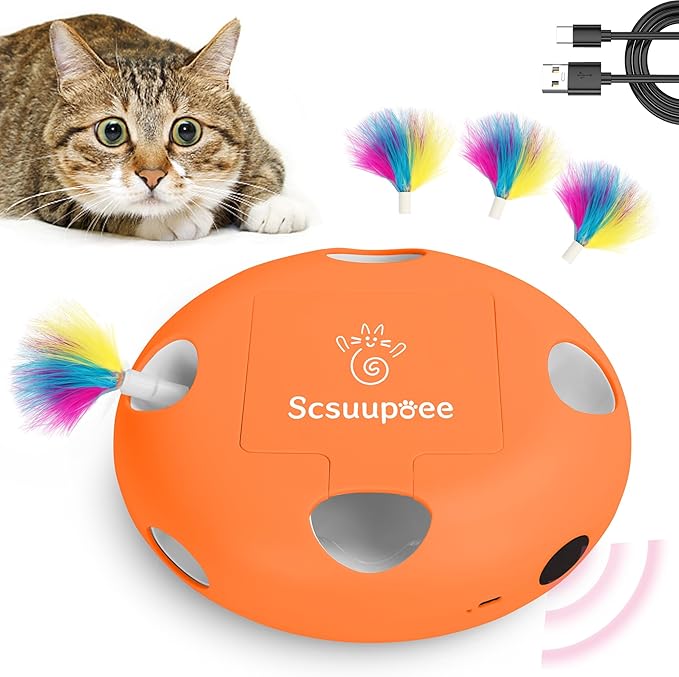 Interactive Cat Toy, Electric Cat Toys for Moving Concealed Feathers, Smart Sensor 7 Holes Whack a Mole Feather Toy, USB Charge Automatic Kitten Toys,Orange-Mewly Pet