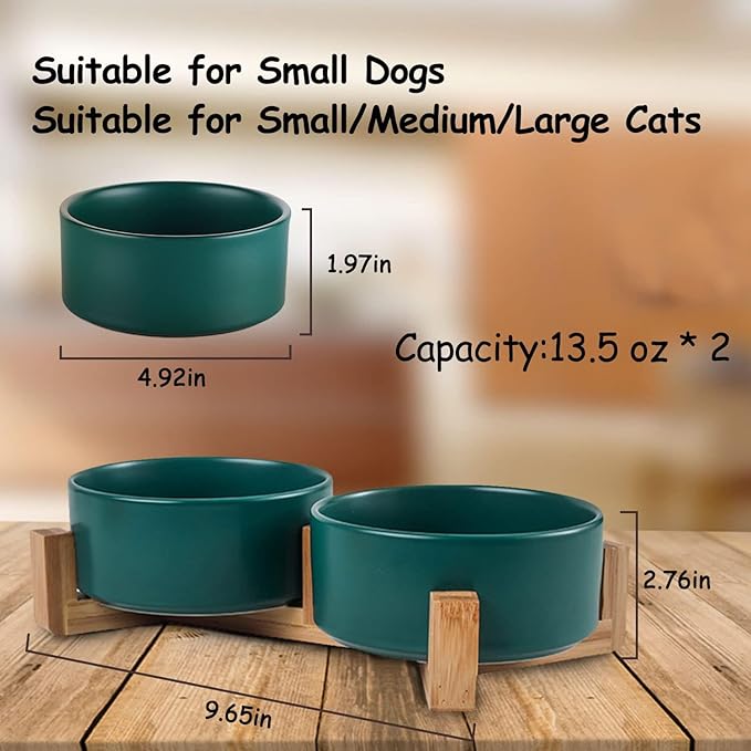 Petygooing Dog Bowls,Green Ceramic Cat Dog Bowl Set with Stand for Food and Water Feeder,Non-Slip Cute Modern Pet Dishes for Cats Small Size Dogs Puppy (13.5OZ/5.1 in)-Mewly Pet
