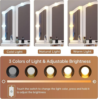 Tiptiper Vanity Table Set with Lighted Tri-Folding Mirror, Makeup Vanity with Lights & 3 Color Lighting Modes, Vanity Desk with Mirror and Cushioned Stool, Makeup Table with 5 Drawers, White