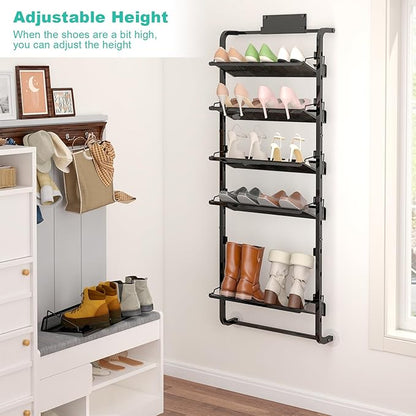 bukfen Over The Door Shoe Organizer,6-Tier Adjustable Door-Mounted/Wall-Mounted Shoe Rack,Heavy-Duty Metal Storage for Closet Door,Black,1 Pack