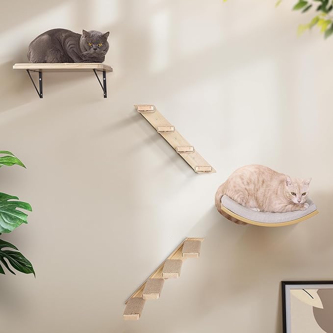 Cat Wall Shelves with Cats Window Perch – 4-Piece Wooden Cat Climbing Furniture Set with Soft Foam Curved Bed, Flat Shelf & 2 Wall 4-Steps Ladders-Mewly Pet