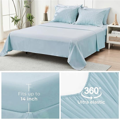 HYMOKEGE Lake Blue King Size Comforter Set Seersucker 7 Pieces, All Season Luxury Bed in a Bag for Bedroom, Bedding Set with Comforters, Sheets, Pillowcases & Shams