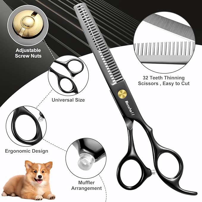 Professional Dog Grooming Scissors Set - 6.5" Thinning, 7" Straight, 7" Up-Curved, 7" Down-curved Scissors and Comb for Dog Cat Pet (Black)-Mewly Pet