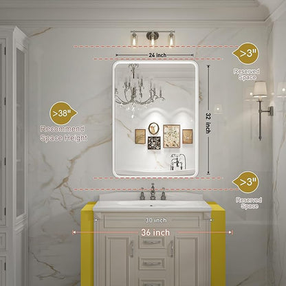 LED Bathroom Mirror with Lights,24x32 Inch Brushed Silver Framed Lighted Vanity Mirror,Anti Fog Stepless Dimmable Wall Mounted(Horizontal/Vertical)