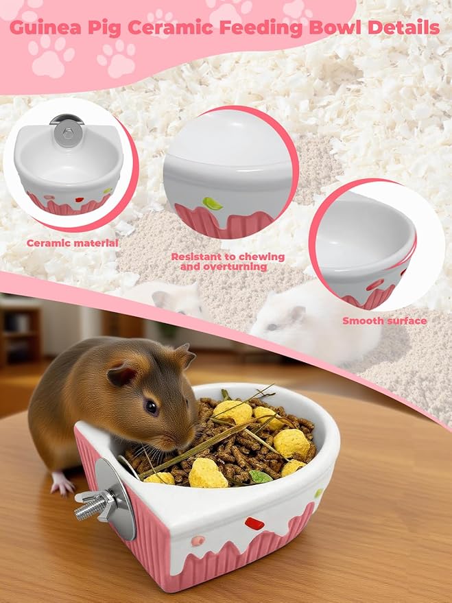 Chinchilla Food Bowl Ceramic Guinea Pig Cage Feeder Hanging Bunny Food Dish Small Animal Feeding Bowls for Syrian Hamster Ferret Gerbils (Pink)-Mewly Pet