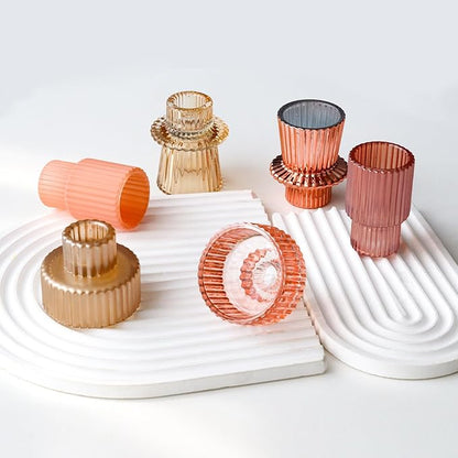Pink Candlestick Holders 6PCS for Tealight Candle Stick Candles, Ribbed Glass Taper Candle Holders Set, Table Centerpieces for Weddings Christmas Home Decor Indoor and Outdoor