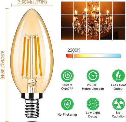 12-Pack Dimmable E12 LED Candelabra Bulbs 40Watt Equivalent, 2200K Amber Warm White, 380Lumens, 4W B11 Amber Chandelier Light Bulbs, LED Filament Clear Glass Candle Lamp for Ceiling Fan Home Decor