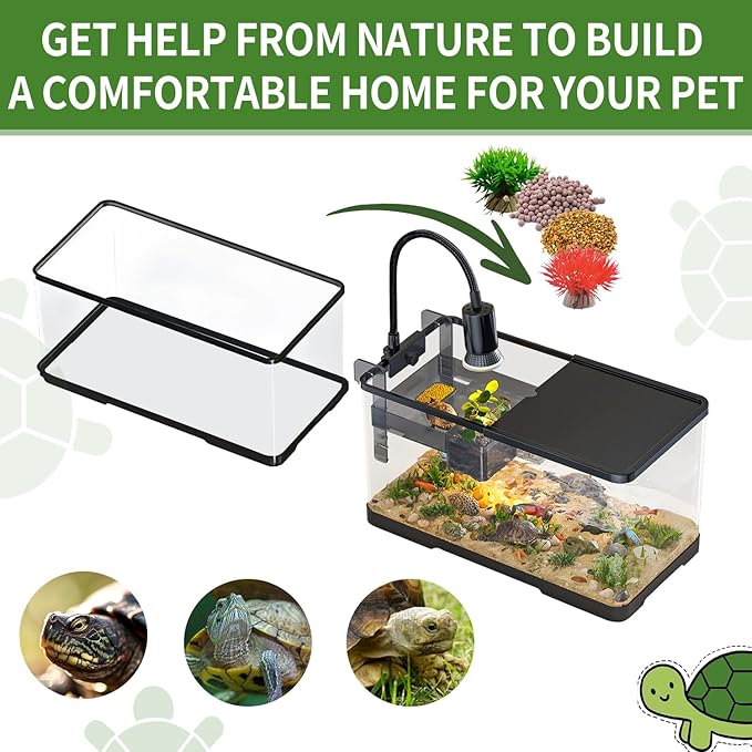(Tank + Light + Filter + Filter Balls) Turtle Tank Kit, Turtle Tank Starter Kit,Bottom Drainage, Multi-Function Areas for Turtles, Crabs,Fishes, Amphibians,Reptiles. (21.65 × 12.28 × 12.28 Inch)-Mewly Pet