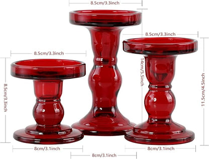 GMWD 3 Pcs Red Glass Candle Holder Set Clear, Christmas Candlesticks Holders Pillar Taper Candles Tealight Stand for Wedding Centerpieces Home Decorations Dining Table
