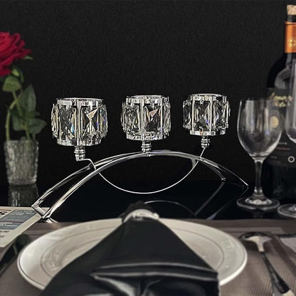 3 Arms Crystal Candle Holders, Arch Candlestick Table Candelabras Centerpieces for Wedding, Dinning Room, Cabinet Ornaments, Home Decoration， Gift (3-arm Arched, Silver)