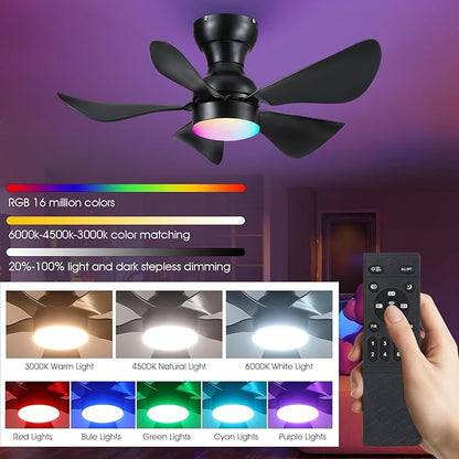 Ceiling Fans with Lights and Remote/APP Control, 30 inch Low Profile Ceiling Fans with Dimmable White Colors and RGB Lighting, 6 Speeds 5 Curved Blades for Kids Room Bedroom Bar, Black