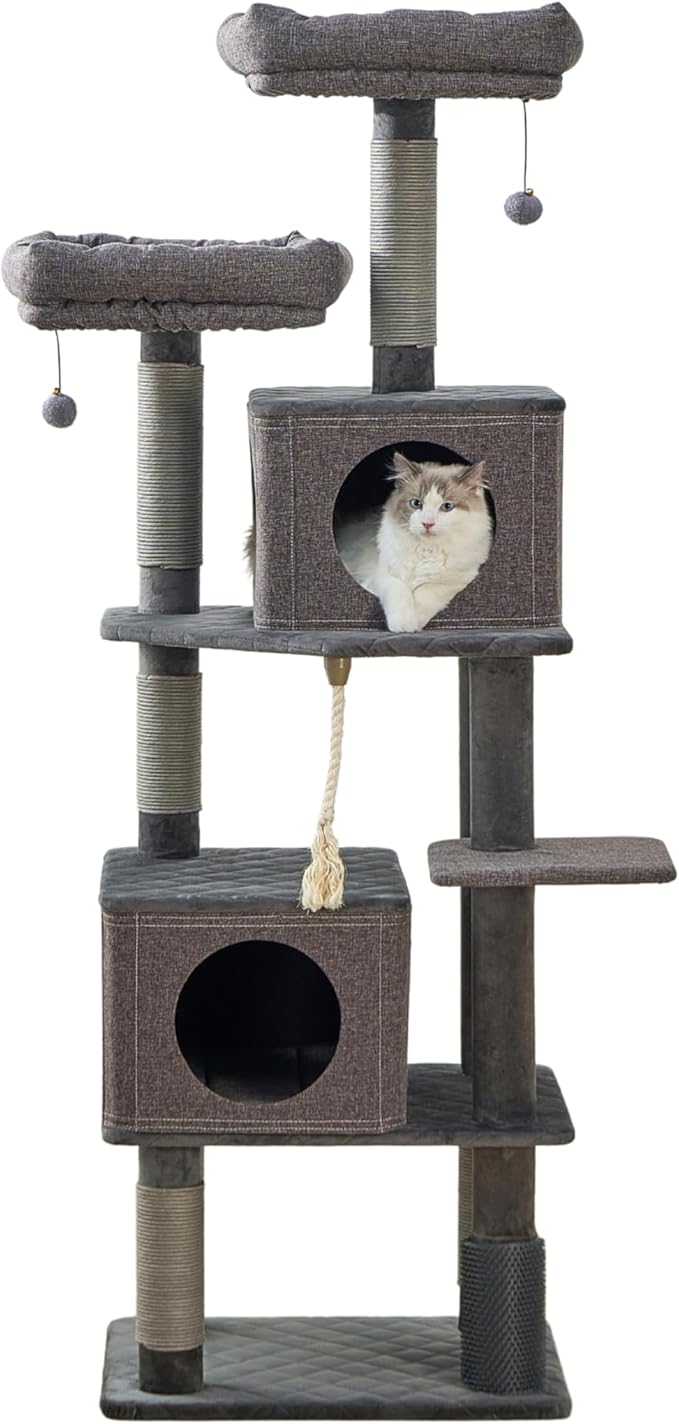 Catry® Stella 7-Level 67.5” Linen & Quilted Velvet Cat Tree with Recycled Paper Scratchers, Two Condos, Removable Beds, Toys, Easy to Clean, Ideal for Large Cats and Multi-Cat Homes (Zinc Gray)-Mewly Pet