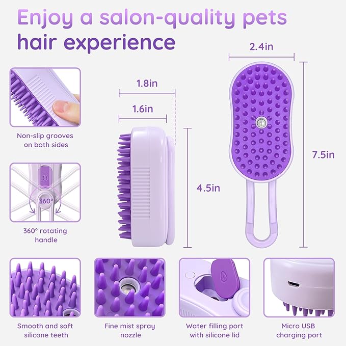 GKZ Cat Steam Brush, 3 in 1 Pet Comb for Massage, Cleaning, Shedding and Combing, Electric Mist to Prevent Flyaways for Home, Dogs and Cat Lovers - Purple-Mewly Pet