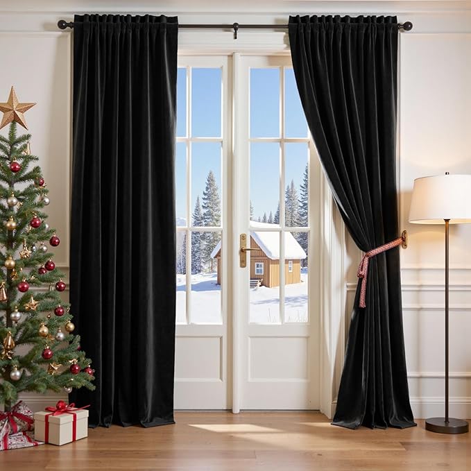 Lazzzy Velvet Blackout Curtains Thermal Insulated Room Window Drapes Super Soft Luxury Curtains for Living Room Bedroom Rod Pocket 2 Panels, Black, 52" W x 120" L