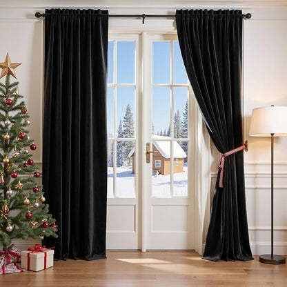 Lazzzy Velvet Blackout Curtains Thermal Insulated Room Window Drapes Super Soft Luxury Curtains for Living Room Bedroom Rod Pocket 2 Panels, Black, 42" W x 84" L