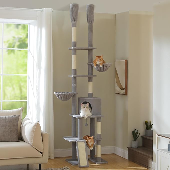 PAWZ Road Tall Cat Tree, Floor to Ceiling Cat Tower with Adjustable Height(85-112 Inches), 7 Tiers Climbing Tower with Cozy Hammocks, 5 Platforms and Scratching Posts for Indoor Cats-Gray-Mewly Pet