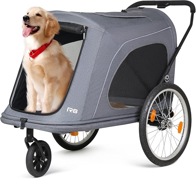 R8 Extra Large Foldable Pet Stroller, Dog Stroller & Pet Trailer for Large Dogs Under 100 lbs, Unmovable, Disabled & Pregnant Dogs - Conveniently Carriable by Bike and Car, Grey-Mewly Pet