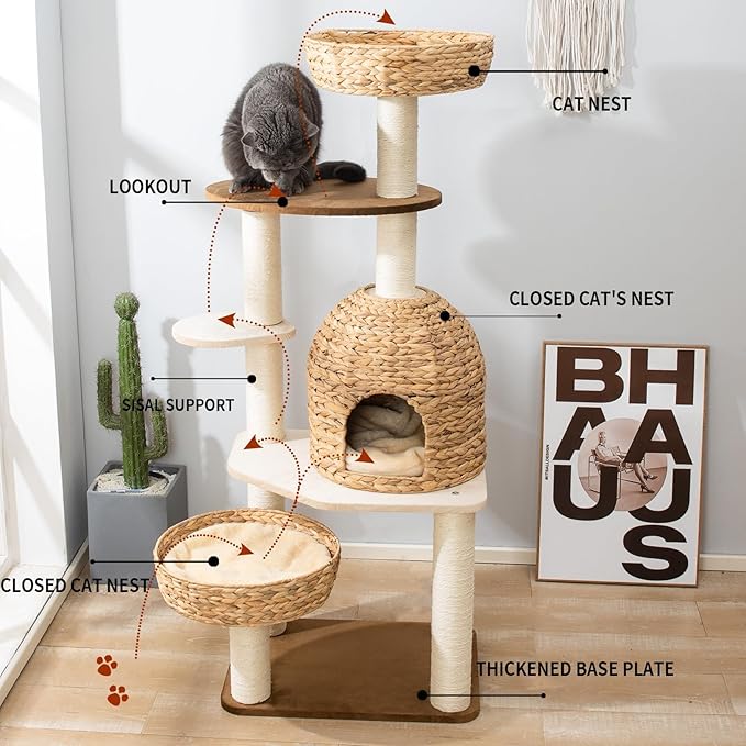 Large Wood Cat Tree Tower for Indoor Cats, Multi-Cats Scratching Post & Cat Condo with Handwoven Cat House Basket, Thick Sisal Posts, Modern Stable Cats Tower Furniture-Mewly Pet