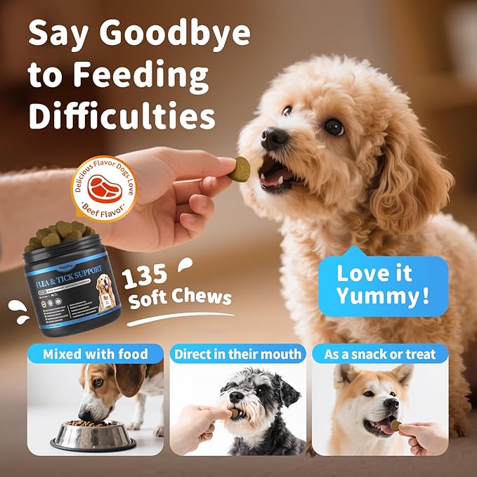 Dog Flea and Tick Support Chewable, Natural Dog Flea Comfort Supplement, Oral Chews with Neem, Oregano Oil, Pumpkin Seed Oil & Brewer's Yeast – 135 Soft Chews, Beef Flavor – for All Breeds & Sizes-Mewly Pet