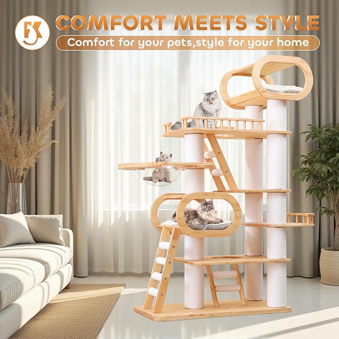 76.8'' Modern Cat Tree for Indoor Cats, Tall Wooden Cat Tower for Home Decoration, Multi-Level Tower with Transparent Cat Bed, Huge Cat Condo for Multi-Cat Families-Mewly Pet