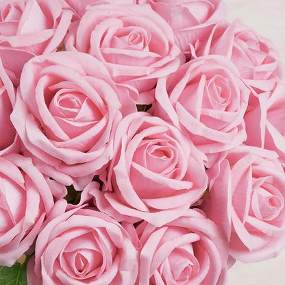 BLEUM CADE 50 Pcs Pink Roses Artificial Flowers, Real Touch Velvet Roses Fake Flowers Bulk, Artificial Roses Bouquet with Long Stems Bridal DIY Wedding Party Centerpiece Decorations