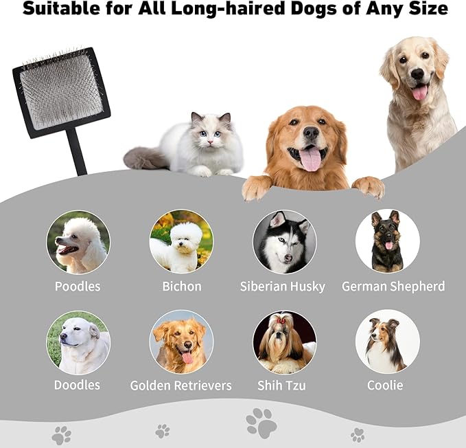 Dog Slicker Brush for Shedding and Grooming Medium or Long Haired Cats, Extra Long & Soft Pin Slicker Brush for Removes Loose Hair, Tangles, Knots, Undercoat, Free Pet Comb, Large Black-Mewly Pet