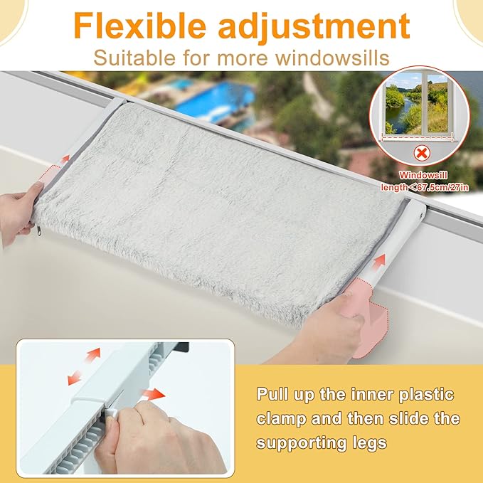Sunhoo Cat Window Perch Hammock Kitty Bed for Windowsill Bedside Large Cats Shelf Seat inside with Adjustable Ledge Sturdy Removable Cover Easy Assembly No Suction No Drill Hold 40lbs 26.54*13.58in(L)-Mewly Pet