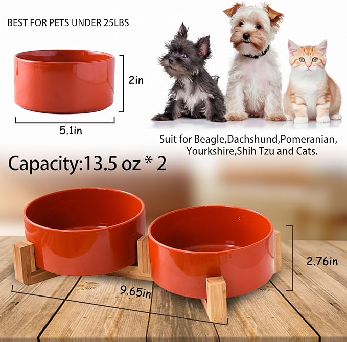 Petygooing Dog Bowls,Ceramic Cat Dog Bowl Set with Wood Stand for Food and Water,Non-Slip Cute Modern Pet Dish for Cats Small Size Dogs Puppy (13.5OZ/5.1 in) Rust Red-Mewly Pet
