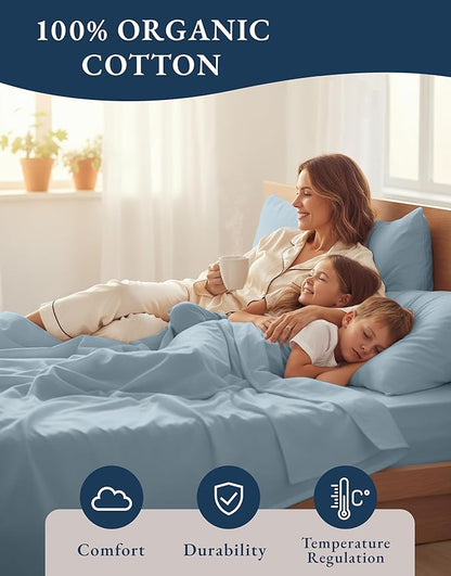 LANE LINEN 100% Organic Cotton Full Sheets Set 4-Piece Pure Percale Soft Bedding Breathable Fits Mattress Upto 15" Deep - French Blue