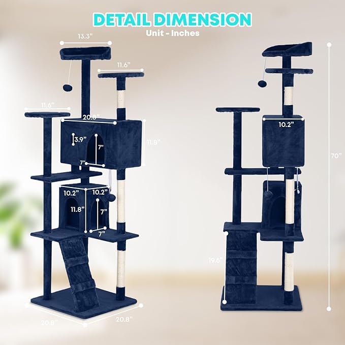 FDW Cat Tree 70in Cat Tower Multi-Level Durable Cat Scratching Post & Cozy Fun Cat Jumping Platform Space Saving Cat Condo Pet Play House for Indoor Cats,Navy Blue-Mewly Pet