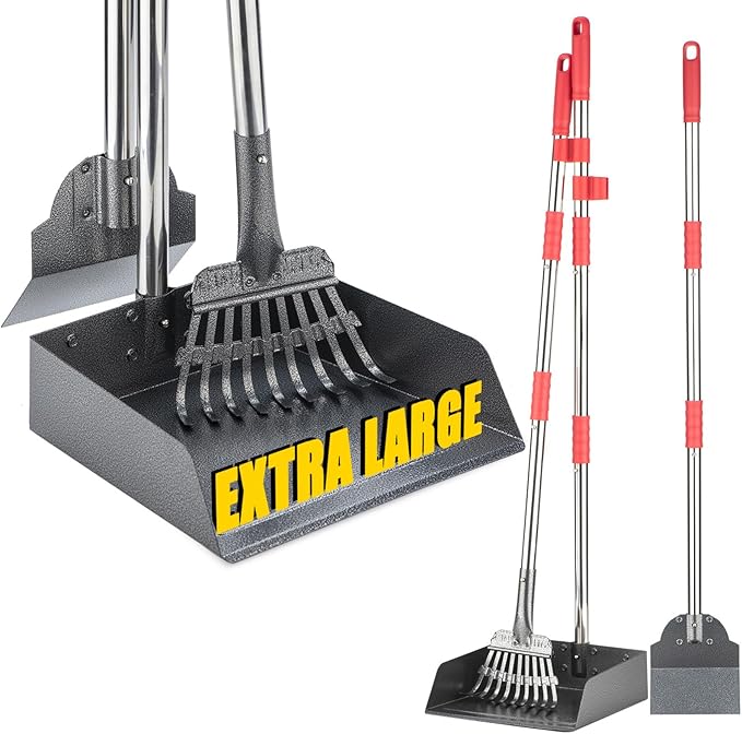 Dog Pooper Scooper Set, Pooper Scooper for Dog, Heavy Duty Stainless Steel Rake with Extra Large Tray & Spade No Bending Clean Up for Pet Waste Removal, for Grass, Dirt Or Gravel.-Mewly Pet