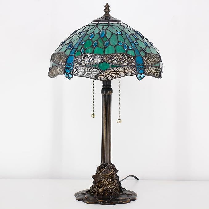 Tiffany Stained Glass Table Lamp 12X12X21Inch Resin Base Desk Bedroom Living Room Reading Light (Green Dragonfly)
