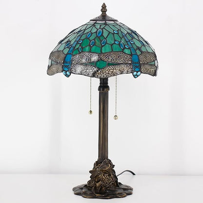Tiffany Stained Glass Table Lamp 12X12X21Inch Resin Base Desk Bedroom Living Room Reading Light (Green Dragonfly)