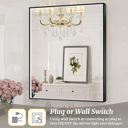 30x36 Inch LED Bathroom Mirror, Black Metal Framed Lighted Mirror for Bathroom, Wall Mouted LED Vanity Mirror with Lights, 3 Colors and Stepless Dimmable, Anti-Fog, Memory
